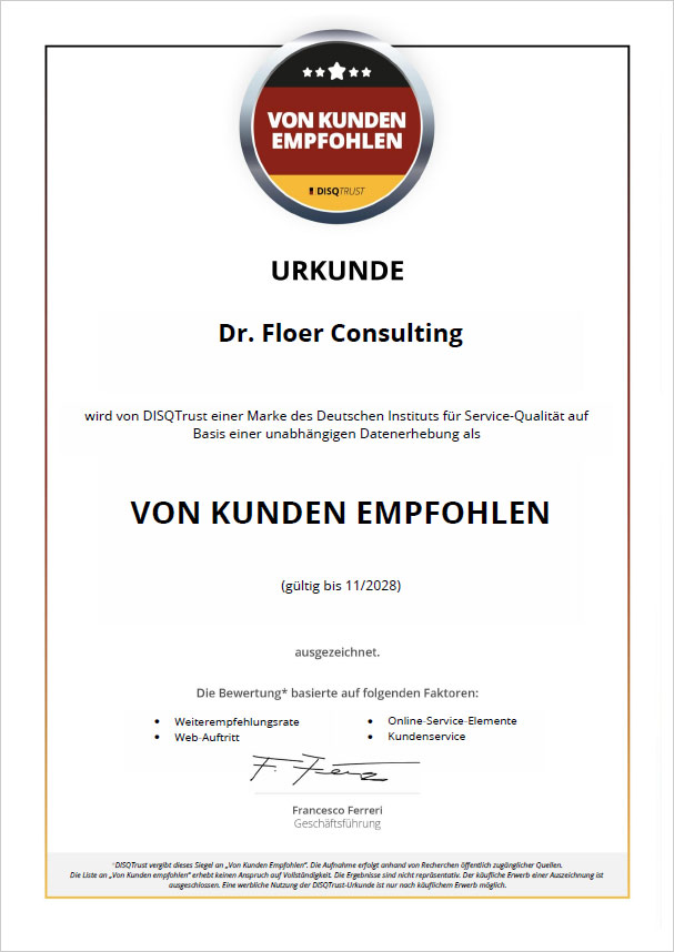 DISQ-Urkunde „Von Kunden empfohlen“ für Dr. Flör Consulting
